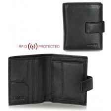 Men's leather bifold RFID wallet, handy billfold 3 cards coin loop Black